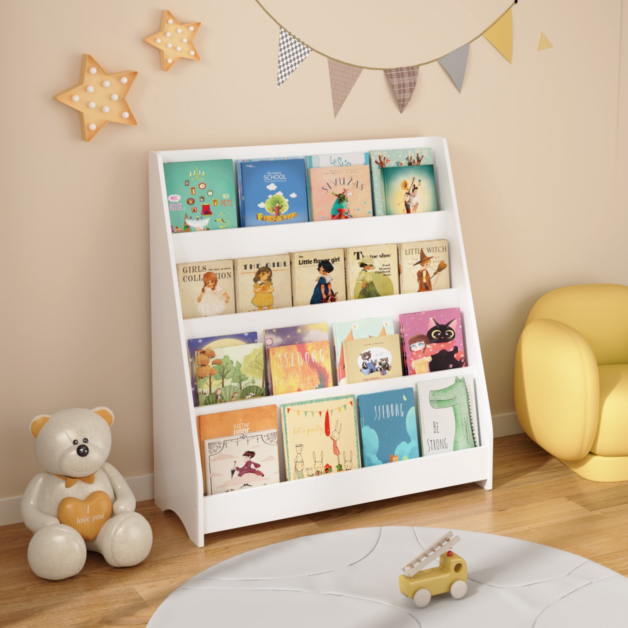 Toddler Bed Baby Furniture, 4-Tier Kids Bookshelf, Toddler Book Display Shelves, Helps Keep Bedrooms, Playrooms, and Classrooms Organized,White, White Kids Furniture,Mdf Kids Furniture