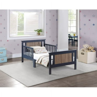 Toddler Bed, Bedroom Furniture Wooden Bed Frame with Two-Tone Design Reversible Panel Headboard & Footboard, for Toddler (Blue + Vintage Walnut)