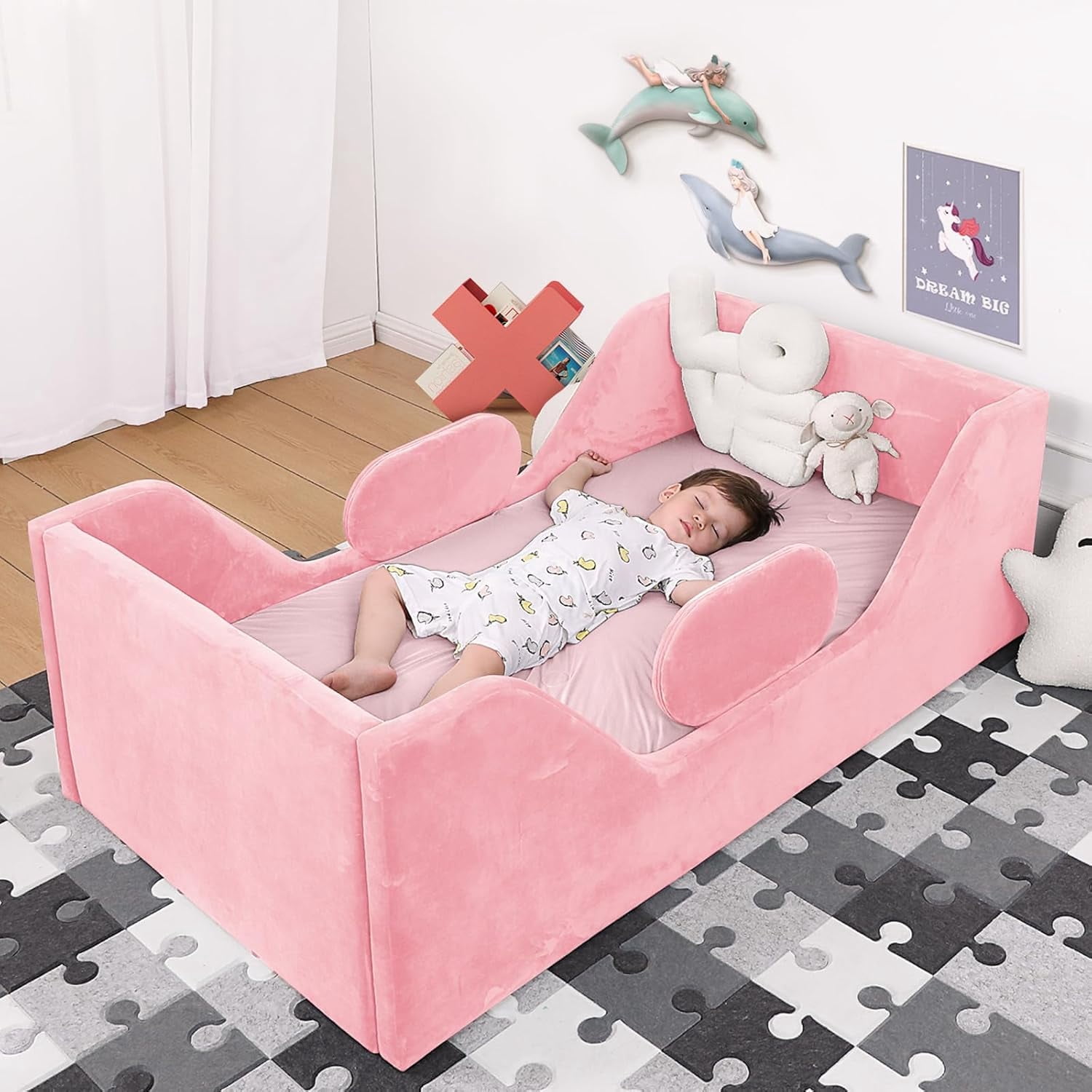 Toddler Bed, Child Bed for Kids with Extra Safty Broad, Standard Crib Size Toddler Bed, Certified Fabric Toddler Beds,Toddler Flood Bed