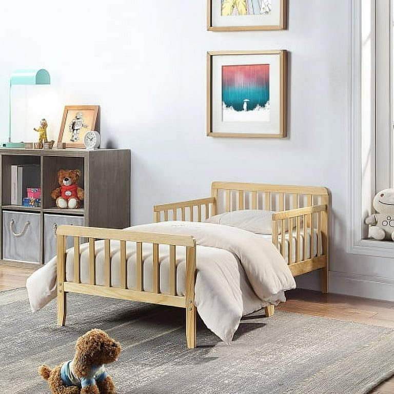 Toddler Bed, Classic Rubber Wood Kids Bed Frame w/Double Safety