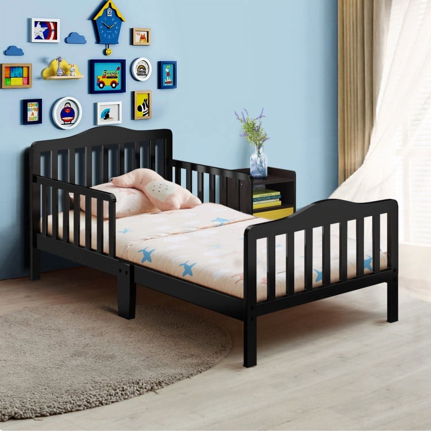 Toddler Bed, Classic Rubber Wood Kids Bed Frame w/Double Safety