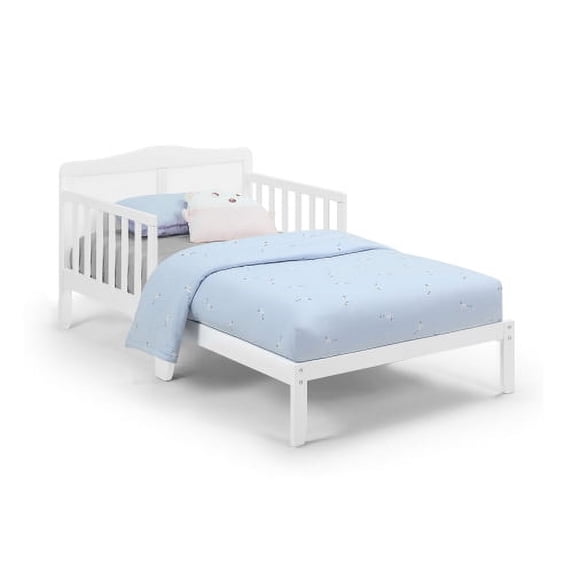 Toddler Bed Frame, Solid Rubber Wood Frame w/Safety Guardrail, Fits Crib Full Size Mattress-Children Classic Sleeping Bedroom Furniture for Kids Boys Girls-White