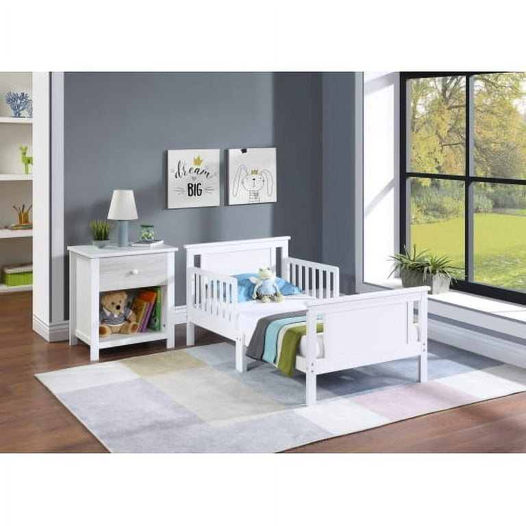 Toddler Bed Frame Solid Rubber Wood Frame w Safety Guardrail Fits Crib Full Size Mattress Not Included Children Classic Sleeping Bedroom