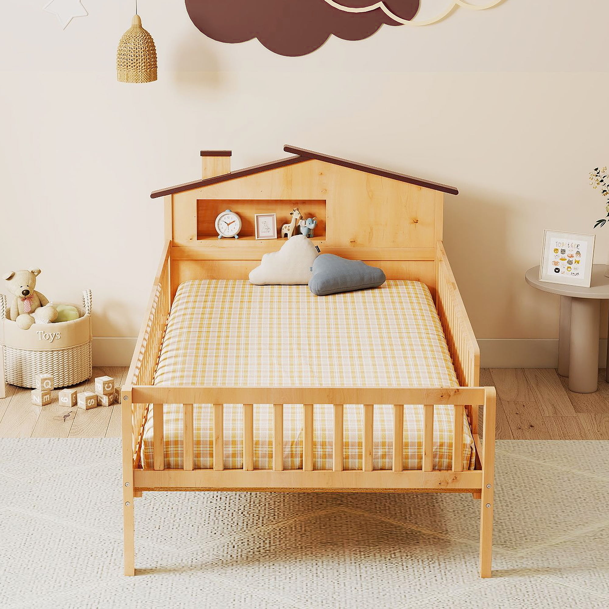 Twin Size Bed Frame with Storage- Twin Bed Frame with Solid Wood House Headboard & Safety Guardrails, No Box Spring Needed