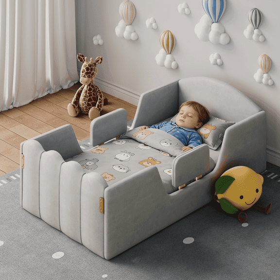 Toddler Bed Round, Toddler Bed with Rail and Round headboard, Standard Crib Size Toddler Upholstered Bed GREY