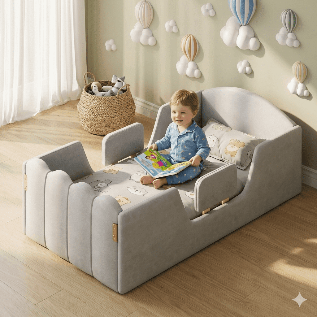 Toddler Bed, Toddler Floor Bed Frame with Guard Rails, Small Bed for Kids Boys and Girls, Standard Crib Mattress Toddler Beds, Certified Fabric Toddler Beds GREY