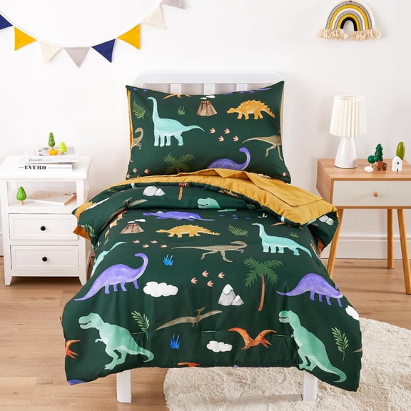- Toddler Bedding Set for Boys, 4 Pieces Soft Crib Bed Set Including Comforter, Fitted Sheet, Flat Top Sheet and Pillowcase, Colorful Jurassic Dinosaur Volcano, Navy Blue