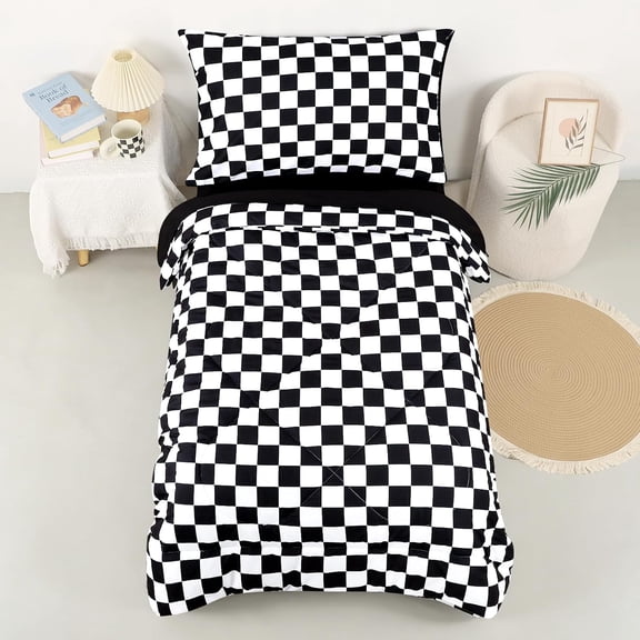 Toddler Bedding Set Gingham for Boys Girls, 4 Pieces Toddler Comforter Set Bed-in-a-Bag, Soft Breathable Toddler Bed Set Include Comforter, Fitted Sheet, Flat Sheet, Pillowcase, Black Checkered