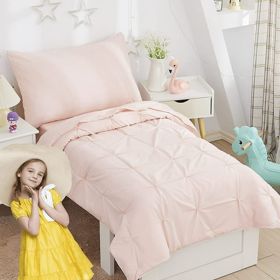 Toddler Bedding Set Girls Pink Pintuck Comforter Sheet Set 4 Piece Bed in A Bag Princess Kids Baby Bedding with Fitted Sheet Flat Sheet Pillowcase, Luxury Design