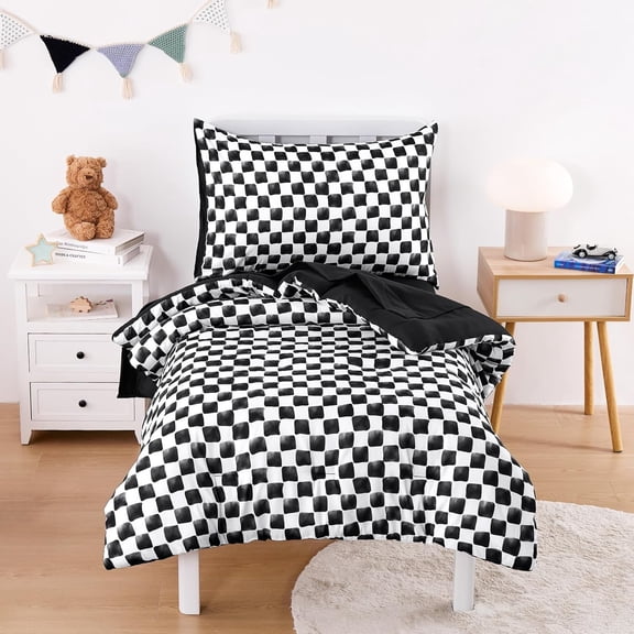 - Toddler Bedding Set for Boys Girls, Cute Gingham Grid Checkered, 4 Pieces Soft Crib Bed Including Comforter, Sheets and Pillowcase, Black White