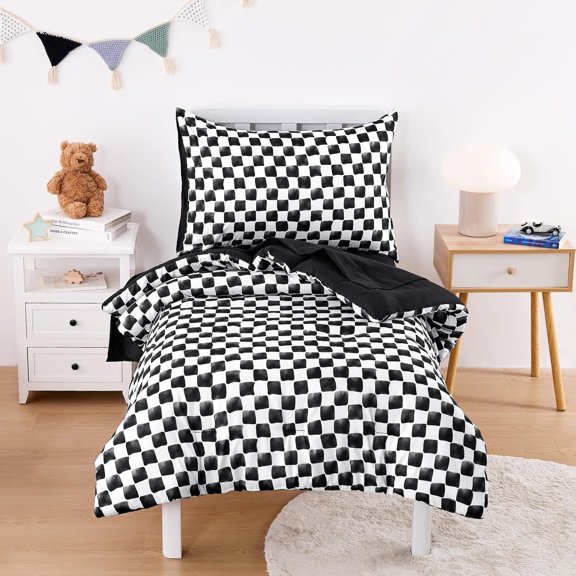 - Toddler Bedding Set for Boys Girls, Cute Gingham Grid Checkered, 4 Pieces Soft Crib Bed Set Including Comforter, Sheets and Pillowcase, Black White