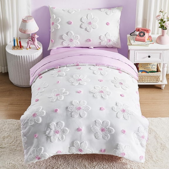 Toddler Bedding Set for Girls 4-Piece Tufted Flowers Comforter Set with Sheets