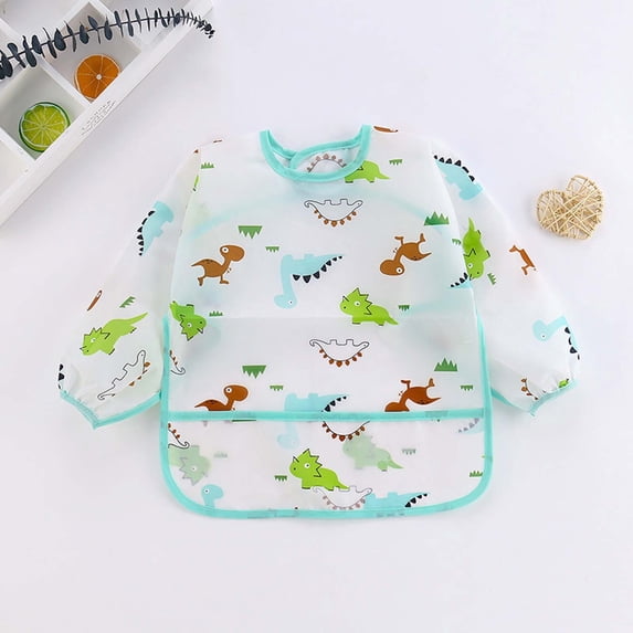Toddler Bibs Cartoon Long Sleeve Feeding Apron Soft Waterproof Baby Bibs for Eating Sky Blue