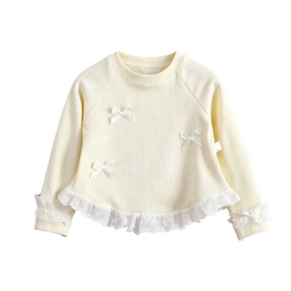 Toddler & Big Girls Knit Sweater, Long Sleeve Crewneck Pullover with Bow & Ruffle Details, Casual Fall Top for Kids 0-11 Years Beige