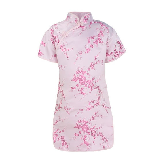 Toddler Big Kids Short Sleeve Stand Up Collar Floral Print Chinese Cheongsam New Year's Gown Holiday Dresses