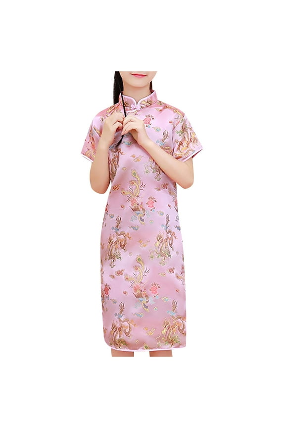 Toddler Big Kids Short Sleeve Stand Up Collar Plated Buckle Chinese Cheongsam New Year's Gown Holiday Dresses