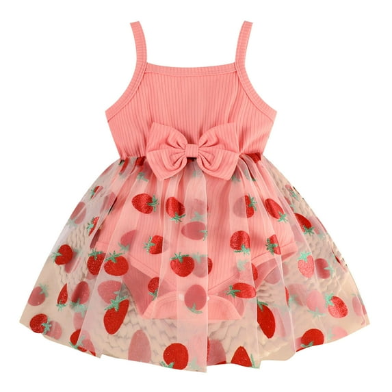 Toddler Birthday Dress Girls Sleeveless Sling Strawberry Prints Romper Mesh Skirts Bowknot Dress Girl Dresses Pink 0 Months-3 Months