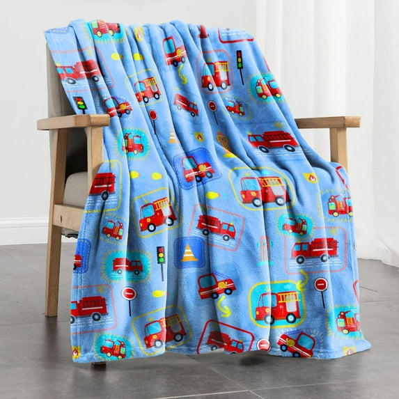 Toddler Blankets for Boys Girls, Kids Blanket with Car Airplane Construction Truck Yacht Pattern, Cute Soft Fleece Flannel Plush Blue Throw Blankets for Daycare/Nap/Travel - 40x50 in
