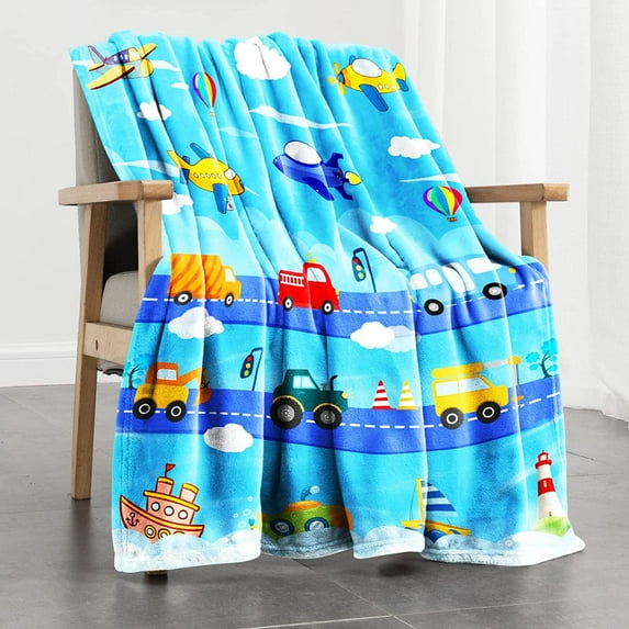 Toddler Blankets for Boys, Kids Fleece Throw Blanket with Car Airplane Construction Truck Yacht Pattern for Daycare/Nap/Travel - 40x50 Inches (Vehicles)