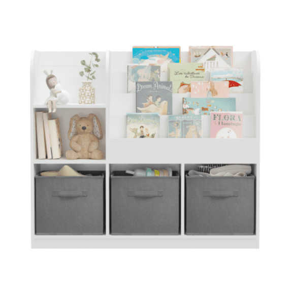 Yardmaster Toddler Bookshelf and Toy Organizer, Multifunctional Bookcase with 3 Collapsible Fabric Drawers, 3 Tier Bookshelf for Kids, Toy Storage Organizer for Bedroom, Playroom, Library