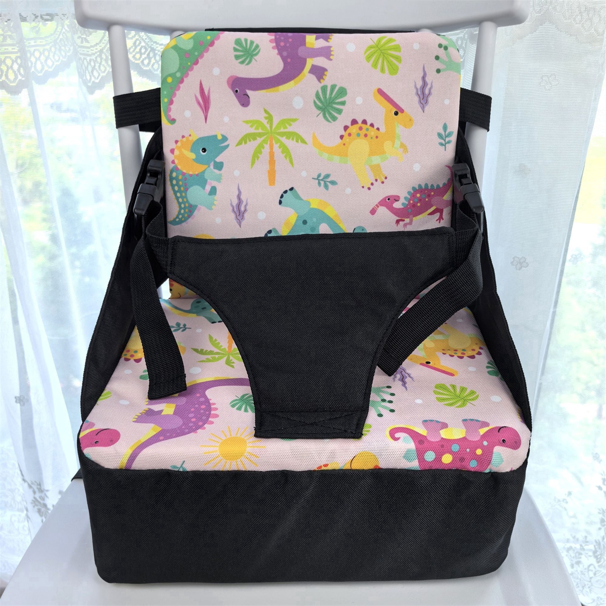 GOLDCOLIN Toddler Booster Seat Folds into Diaper Bag with Mesh & Side Pockets Storage for Diapers Bottles Waterproof Portable Adjustable Straps Non-Slip