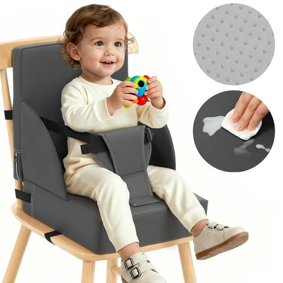 Toddler Booster Seat for Dining Table, Caveen Waterproof Booster Seat for Kitchen Chair , with Adjustable Straps and Non-Slip Bottom, Portable Increasing Cushion for Toddlers, Grey