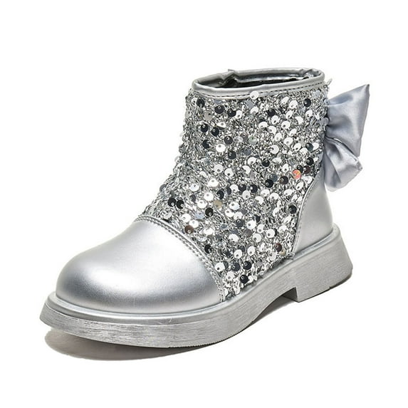 Toddler Booties Girls Short Boots Princess Boots Dance Show Leather Shoes Ankle Boots For Girls Silver 11.5 Y-12 Y