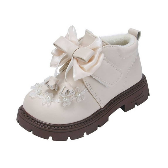 Toddler Booties Kids Lined Bow Princess Leather Short Boots Windproof Girls Ankle Boots White 7 Y-8 Y