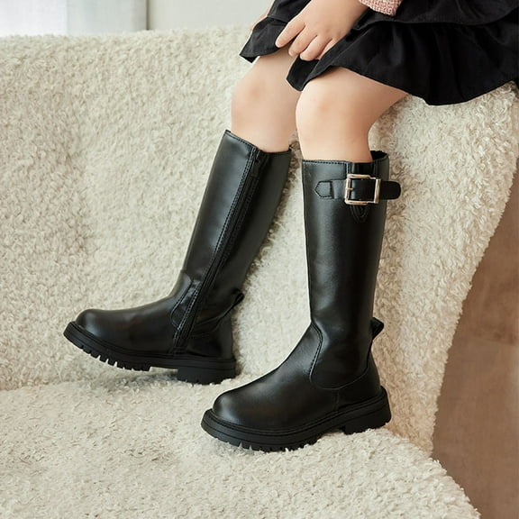 Toddler Boots,Knee High Boots Fashion Soft Sole Versatile Leather Winter Boots for Kids Performance,Girls Boots,Z01 Black,6.5 -7 Years
