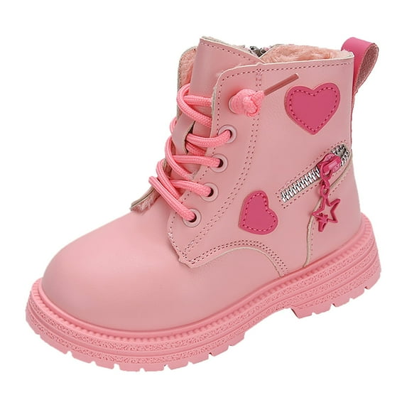 Toddler Boots Winter Leather Lace Up Stylish Heart Color Matching Side Zipper Boots Toddler Snow Boots Pink 9.5 Years-10 Years