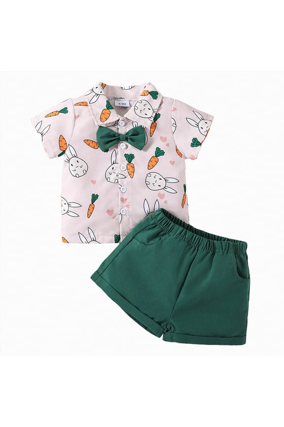 Toddler Boy 2 Piece Clothing Sets Rabbit Print and Bow Tie Button Down Shirt with Matching Shorts Little Boy Easter Clothes