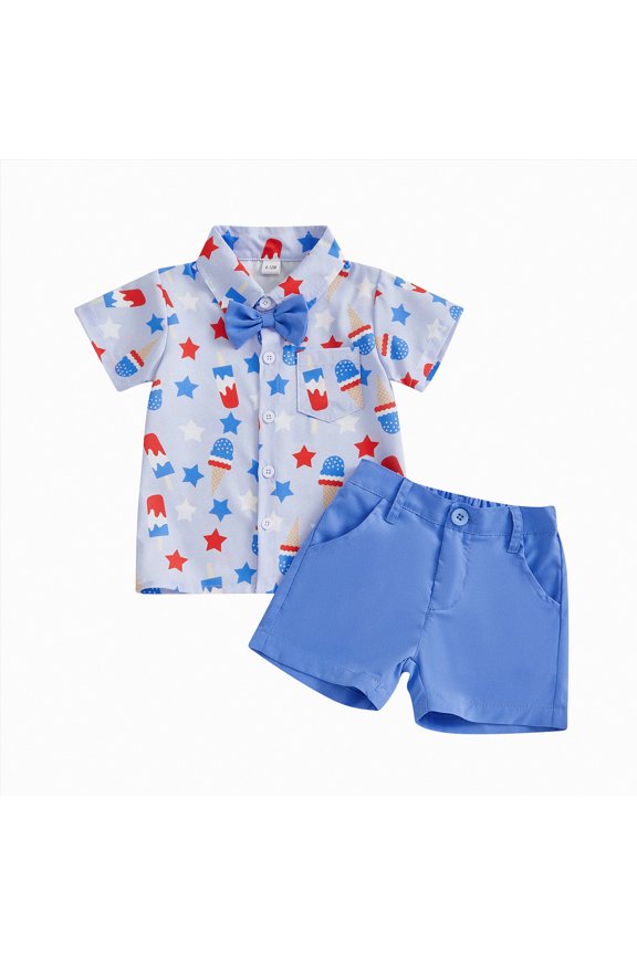 Toddler Boy 4th Of July Outfit Cute Print Shirt Tops with Bow Tie and Solid Shorts Set Baby Boys 4th Of July Clothes