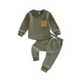 thumbnail image 1 of Toddler Boy Autumn Clothes Set, Long Sleeve Round Neck Tops with Pocket + Stripe Pattern Trousers, 1 of 8