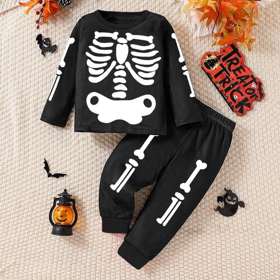 Toddler Boy Casual Clothing Set Bskeleton Print Long Sleeve Hoodie and Pants Two Piece Set for Halloween Clothing Set Size 12-18 Months ,Black