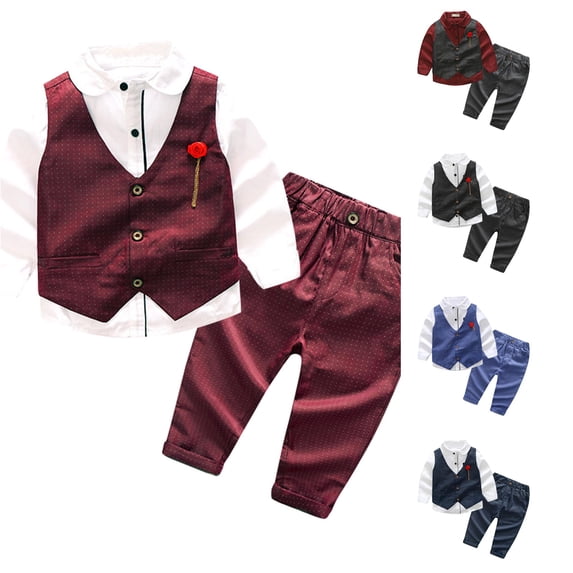 Toddler Boy Casual Clothing Set Long Sleeved Lapel Shirt Top Vest Jacket Overalls Three Piece Suit Set Size 4-5T ,Red