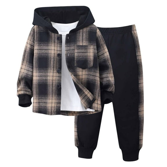 Toddler Boy Clothes 2-7 Years Plaid Hoodie Sweatsuit Outfits Kids Flannel Shirt Top Pants Set Two-piece Outfits (3t-4t, Brown)