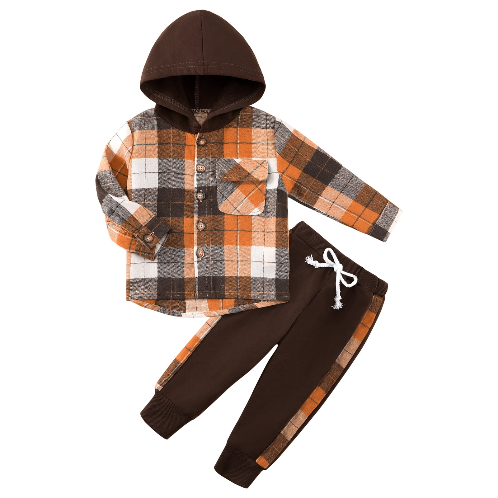 Toddler Boy Clothes Hoodie Sweatsuit Outfits,Kids Flannel Plaid Shirt