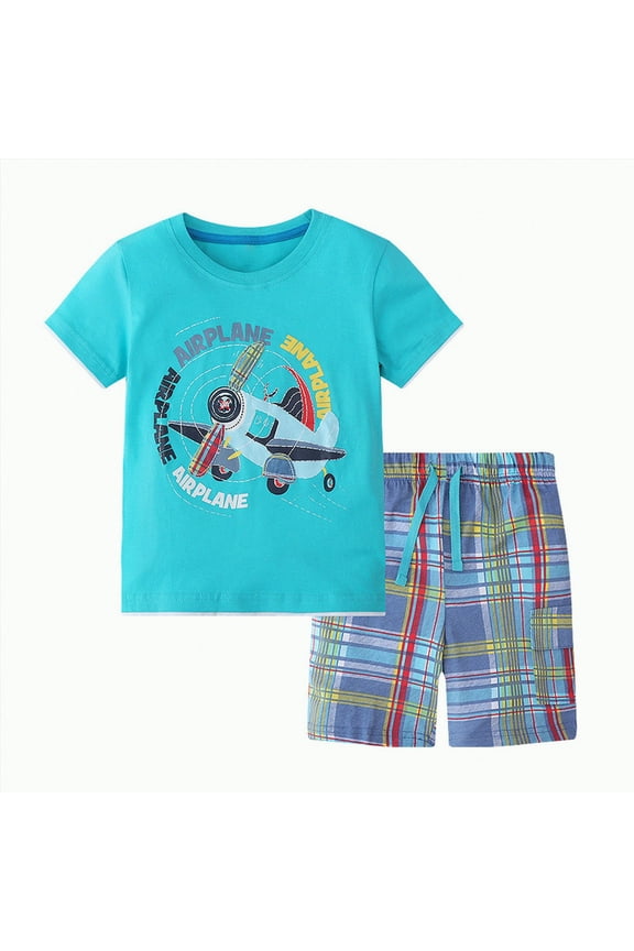 Toddler Boy Clothes Outfits Summer Girls And Boys Kids Spring Cotton Airplane Printed Short Sleeve Basketball 1t 2t 3t 4t 5t 6t Pajamas & Dailywear Set T-shirt Tops+Shorts School Wear 2PCS