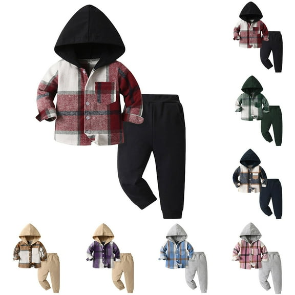 Toddler Boy Clothes Sets 3T Toddler Boy Clothes Plaid Hooded Shirt - 2 Piece Outfit: Button Front Toddler Hoodie & Sweatpants Set (3~7 years)