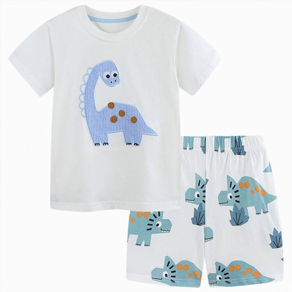 Toddler Boy Clothes Sets Cute Dinosaur Print Roar Graphic T-Shirt & Blue Plaid Shorts 2-Piece Outfit Jurassic Theme Outfit 2-11 T