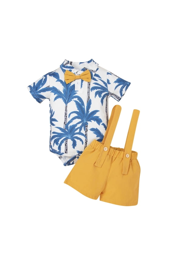 Toddler Boy Clothes Short Sleeve Coconut Tree Prints Bow Tie Romper Shorts Pants Set Suspenders Activewear Set,2-Piece,Size 3 Months-6 Months