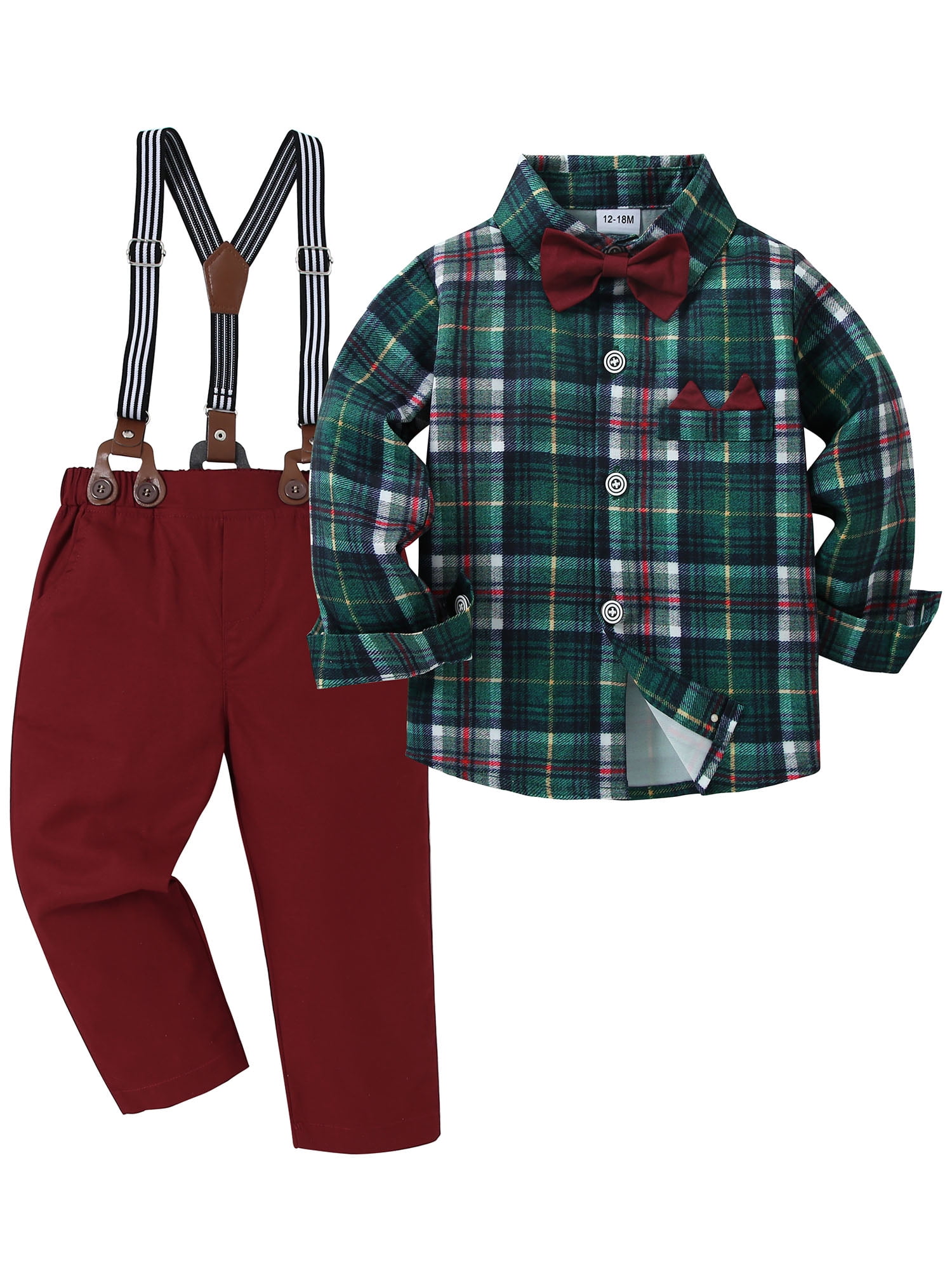 Boys Spring Autumn Plaid Suit Set Children's Wedding Birthday Costume Kids Tops Pants Bowtie Outfit