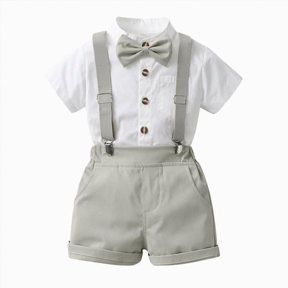 Toddler Boy Clothes Suit Formal Dress Gentleman Suspender Bow Tie Shirt and Shorts Set Little Boy Outfits Summer Clothes Suit Size 12M-6Y