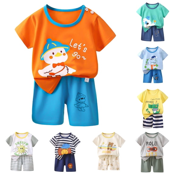 Toddler Boy Clothes Summer Outfits Cartoon Printed Short Sleeved Tops and Shorts 2Pc Outfits Set Size 4-5T ,Orange
