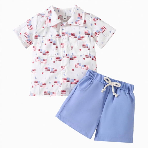 Toddler Boy Clothing Sets 4th of July Baby Boy Outfit Cute American Flag Print Button Down Shirt & Red Shorts 2-Piece Outfit