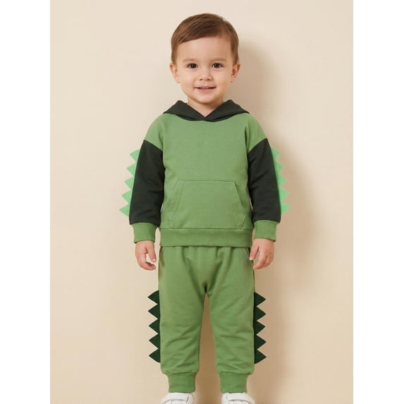 Toddler Boy Dinosaur Outfits, Contrast Color Long Sleeve Hoodie Elastic Waist Pants 2 Piece Set for Fall