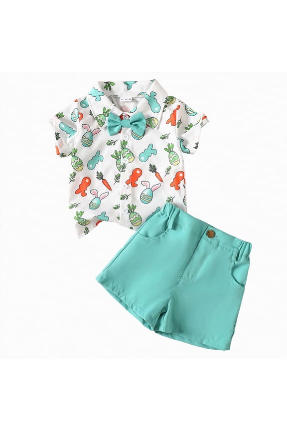 Toddler Boy Easter Outfit Baby Boys Summer Clothing Sets Button-Down Bow Tie Print T-Shirt with Shorts Set