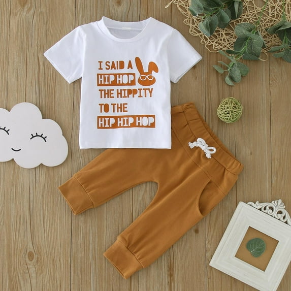 Toddler Boy Easter Outfit Boys Girls Easter Rabbit Print Short Sleeve T-Shirt and Pants Set Kids Clothes Coffee 18-24 Months
