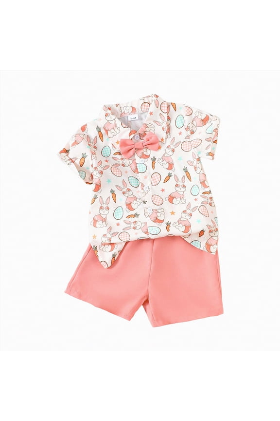 Toddler Boy Easter Outfits Cute Easter Cartoon Print T-Shirt with Elastic Waist Shorts Set Baby Boy Casual Clothes