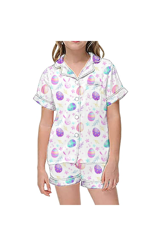 Toddler Boy Easter Pajamas Short Sleeve Toddler Girl Boy Easter Pajamas Set Cute Bunny Short Sleeve Button Down Shirt Top Elastic Shorts